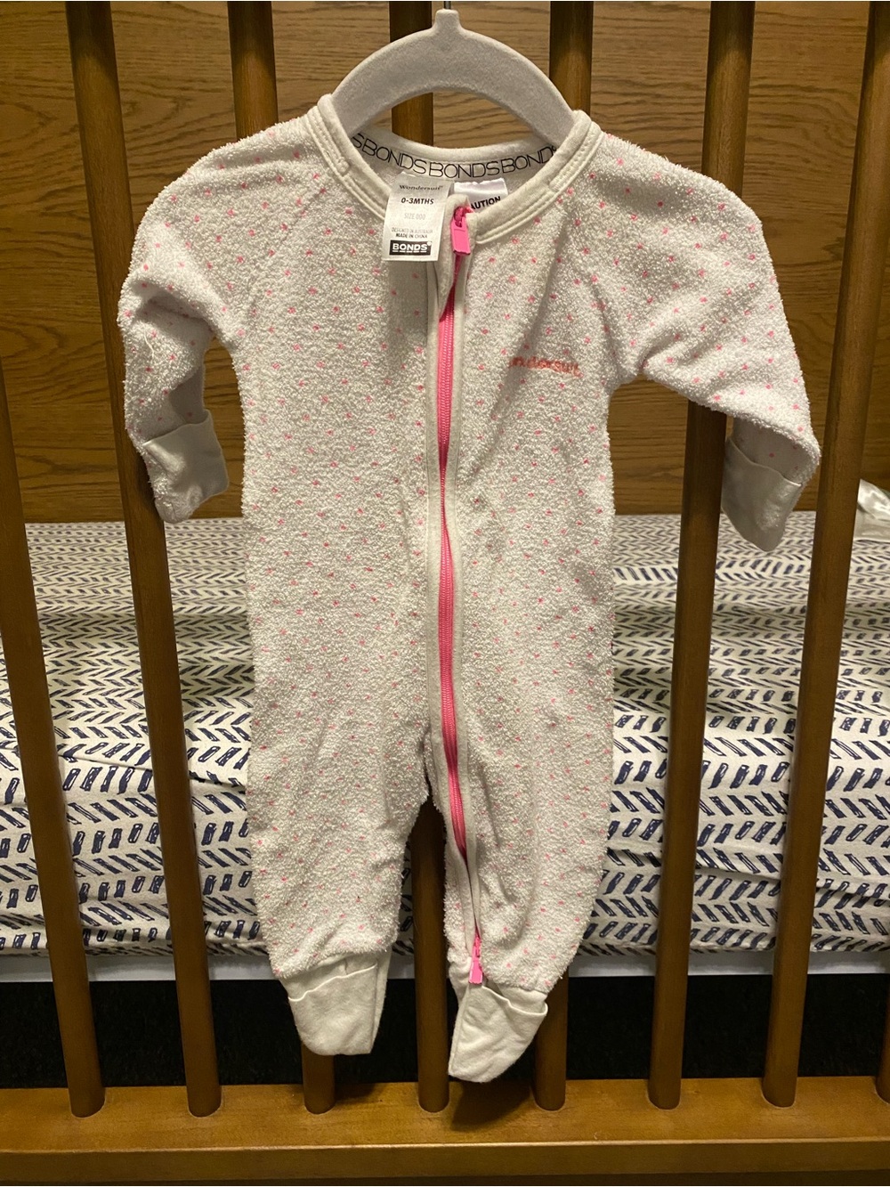 Bonds Wondersuit Pink-Trim White Baby Footed One-Piece Zip Sleeper
